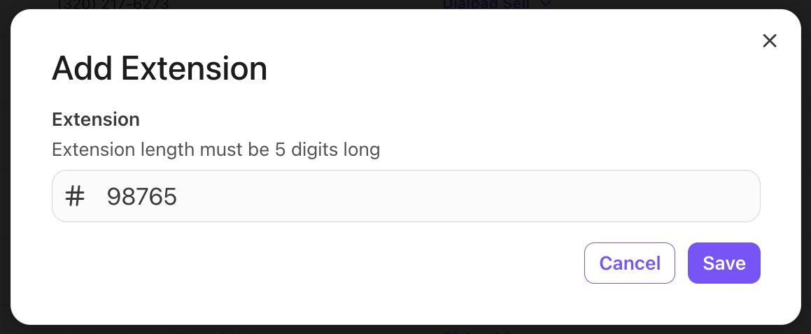 Input field for adding a five-digit phone extension with instructions displayed.